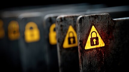 Cybersecurity warning on folders with lock icons and malware alert signs for system breach