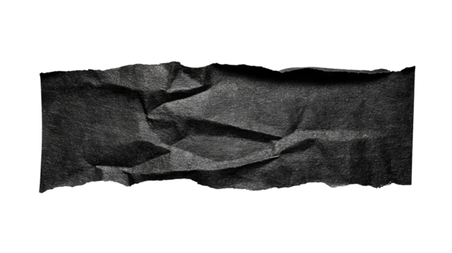 Wrinkled torn black adhesive tape piece — isolated cutout on transparent background, realistic textured sticker label with copy space, high-resolution PNG-style element for collage, scrapbooking