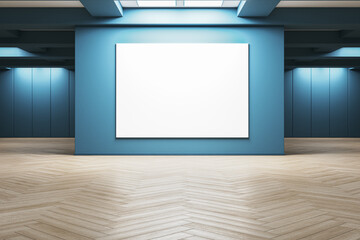 Contemporary art gallery interior with blank white canvas on blue wall under skylight, ideal for exhibition or poster presentation mockup template. 3D Rendering