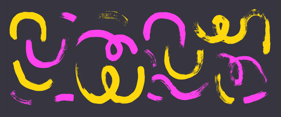 Wavy neon colors brush stroke shapes set. Yellow and fuchsia paint squiggle lines and semicircles elements isolated on dark background. Grunge handmade textured pattern. Vector whimsical illustration.
