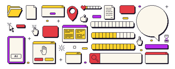 Pixel windows interfaces set . 8 bit frames and icons. 90s text boxes and speech bubbles elements. Loading and search bar, border with cursors. Vector illustration isolated on transparent background.