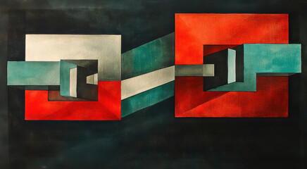 Abstract geometric painting with bold red and teal shapes evokes emotion