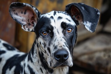 Black and white spotted dog closeup portrait outdoors, Animal shelter adoption image for compassionate pet care