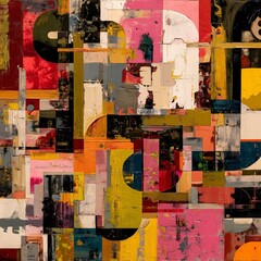 Fototapeta premium Colorful Abstract Geometric Painting with Bold Textures. Vibrant abstract artwork featuring overlapping geometric shapes, bold brushstrokes, and rich textures in a lively mix of colors.