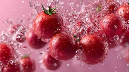 Fresh Red Cherry Tomatoes Splashing in Clear Water with Pink Background