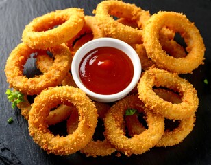 Panko onion ring platter — golden rings with ketchup dipping bowl on slate