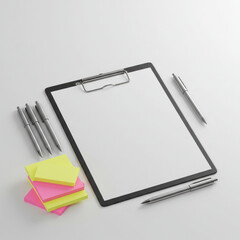Minimalist Stationery Set With Clipboard, Sticky Notes, And Pens On White Background
