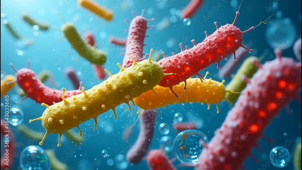 Poster the image depicts a vibrant and colorful representation of bacteria floating in a microscopic enviro