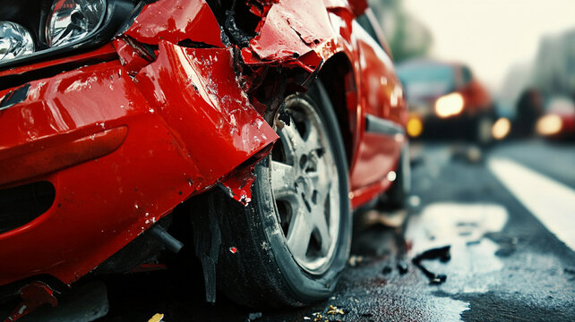 A close-up view of a damaged red car after a collision, showcasing crushed metal and a vivid scene of urban traffic, highlighting the impact and emotions of road safety.