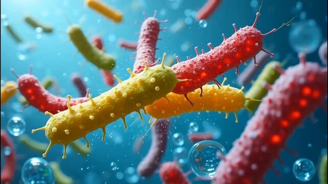 The image depicts a vibrant and colorful representation of bacteria floating in a microscopic environment, surrounded by bubbles and a gradient blue background.