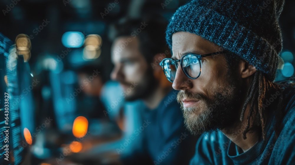Poster a focused individual with glasses and a beanie, working intently at a computer in a dimly lit enviro
