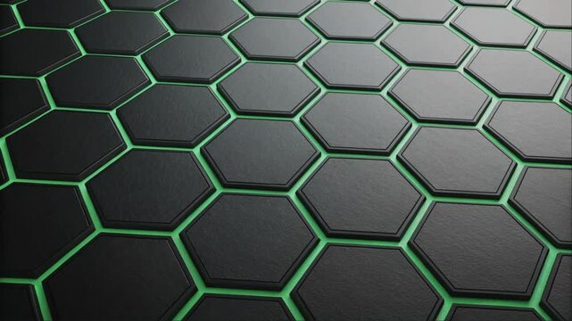 Neon Green Glow on Black Textured Tiles &ndash; A Mesmerizing Geometric Visual for Tech, Sci-Fi, or Digital Design Themes, hexogen background viideo