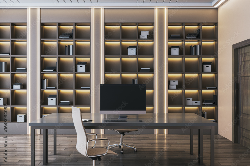 Poster modern empty office workspace with computer desk and illuminated shelves in contemporary corporate i