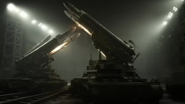 Military missile launchers positioned in a dimly lit facility, emphasizing defense technology and readiness