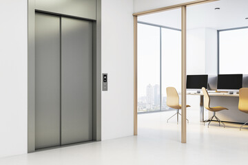 Elevator doors in modern office interior with blank wall and glass partition overlooking cityscape through windows in bright corporate space. 3D Rendering