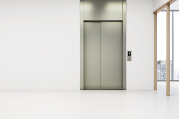 Modern elevator doors in clean white hallway with blank wall and city view through glass window in business building interior design concept. 3D Rendering