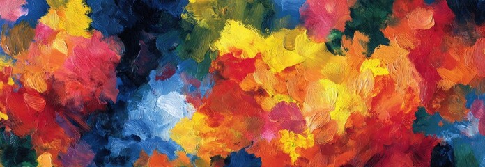 Abstract painting with vibrant, impasto brushstrokes in a mix of bold colors