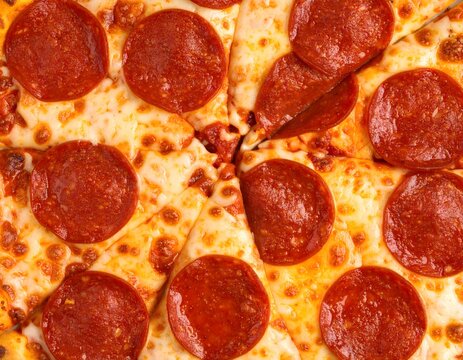 Pepperoni pizza close-up — sliced cheese pizza with golden crust & pepperoni