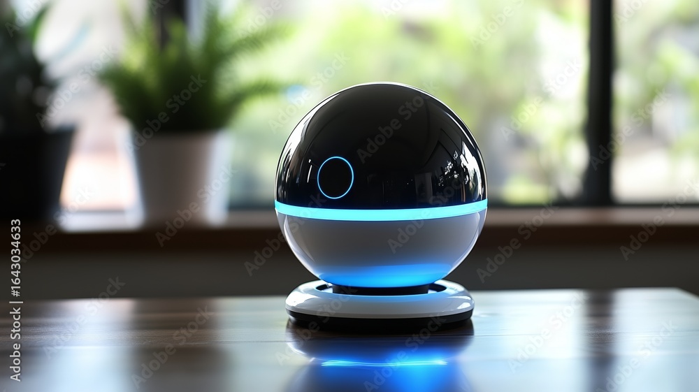 Poster self-playing ball interacts with environment using ai and pattern recognition, sitting on charging b