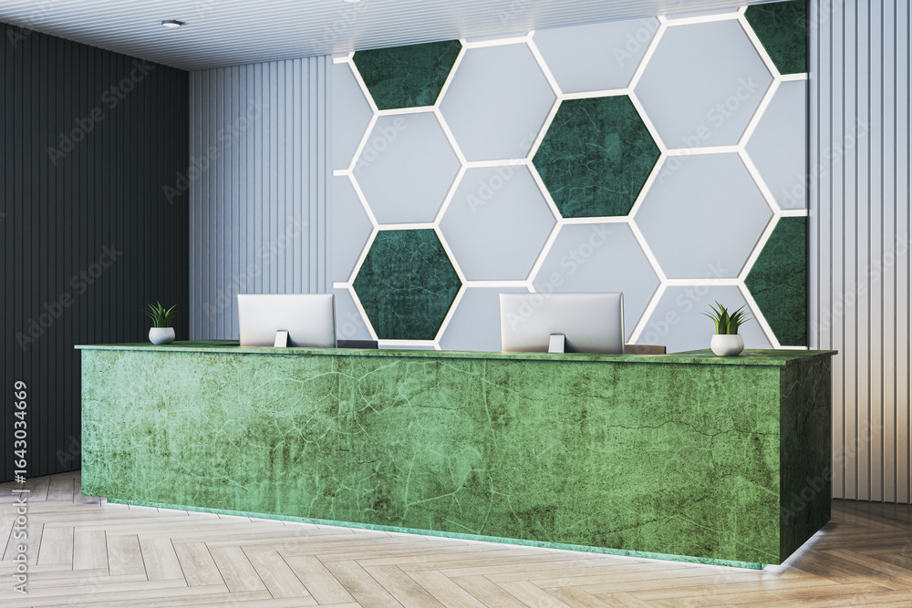 Poster modern green marble reception desk in stylish office lobby with geometric hexagon wall design and mi