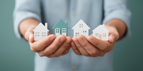 Professional Services Systems Integrationconcept. Hands holding miniature houses, symbolizing real estate options.