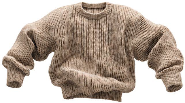 Crumpled knitted sweater isolated on transparent background — high-resolution PNG cutout ideal for apparel mockups, e-commerce product pages, fashion branding, collage, and digital design