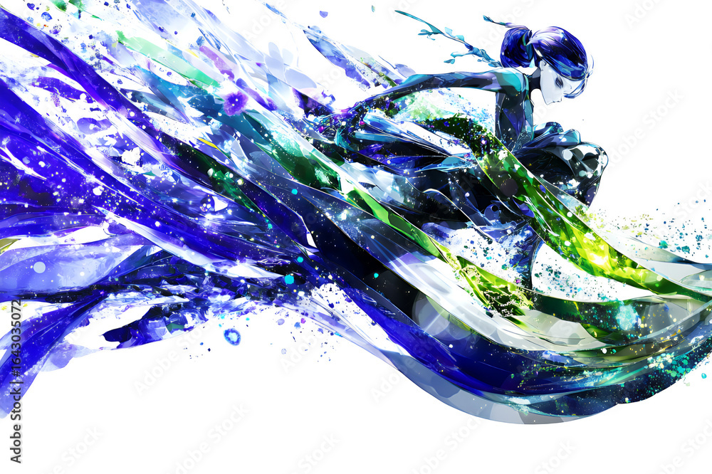 Poster dynamic abstract fluid splash with vibrant blue and green colors creating a sense of motion and ener