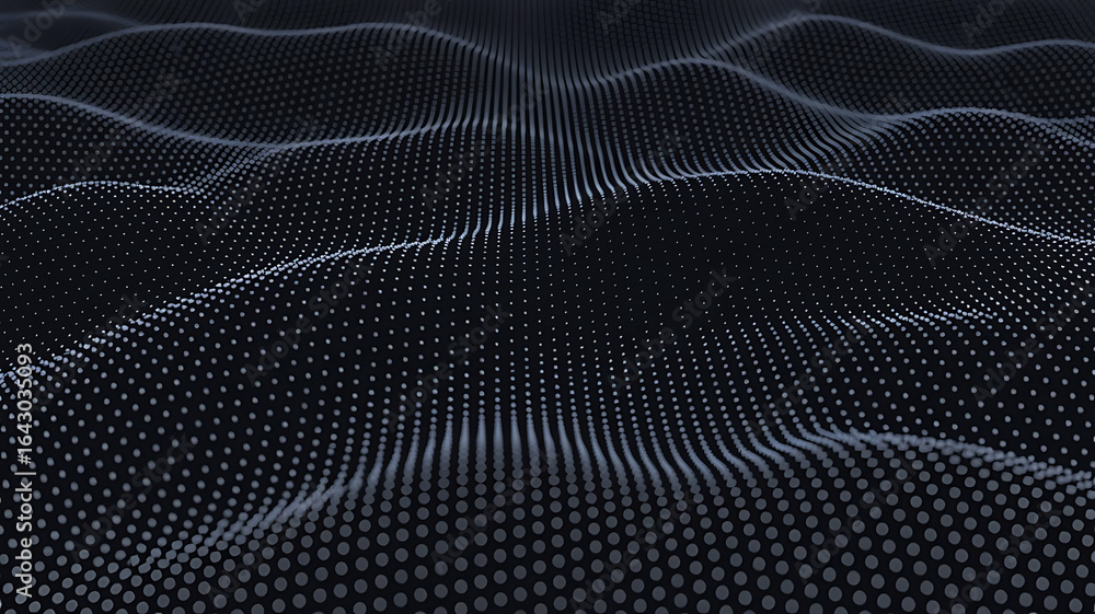 Poster abstract dark digital landscape with glowing light particles creating a futuristic topographic wave 
