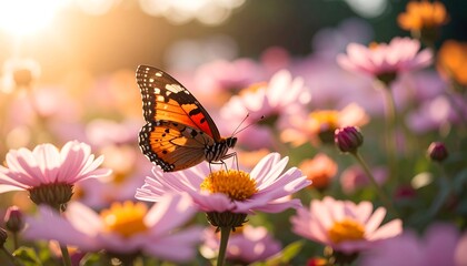 Butterfly resting on a flower in a field of flowers at sunrise