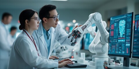 Professional Services Systems Integrationconcept. Researchers working with robotic technology in a lab setting.