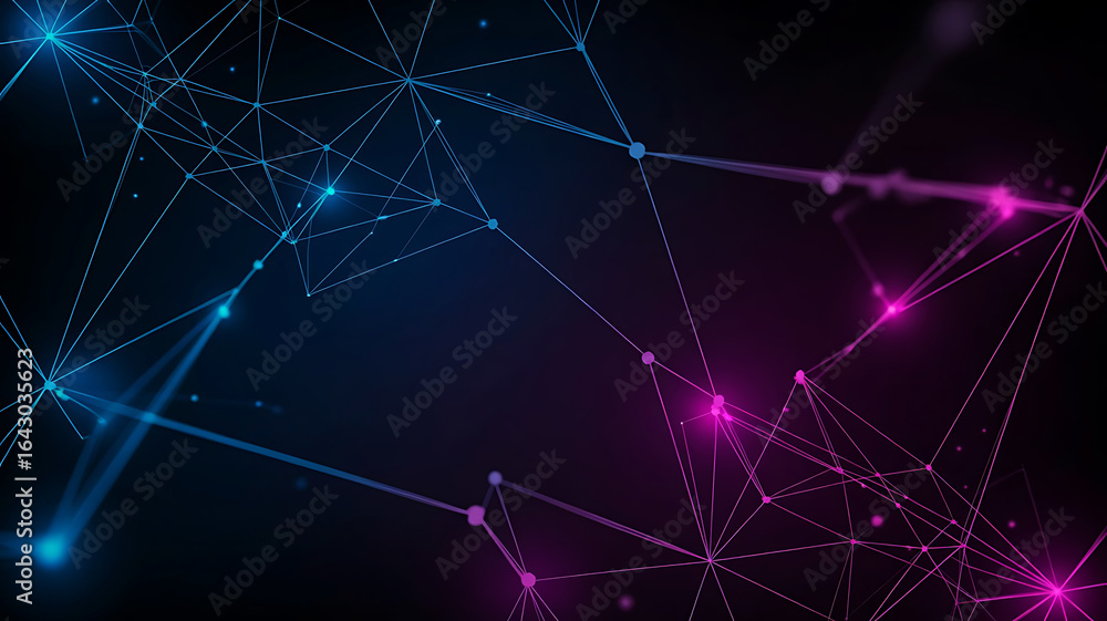 Poster abstract network of glowing blue and pink lines and dots against a dark background symbolizing conne