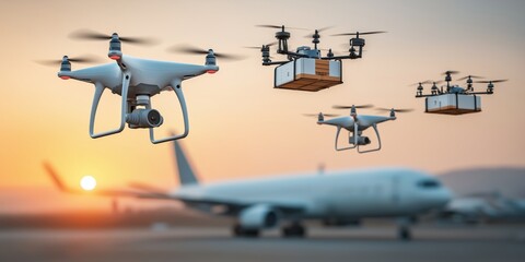 Professional Services Systems Integrationconcept. Drones flying over an airport at sunset.