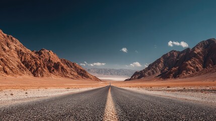A long, straight road vanishes into a desert valley between imposing mountains under a vibrant blue sky