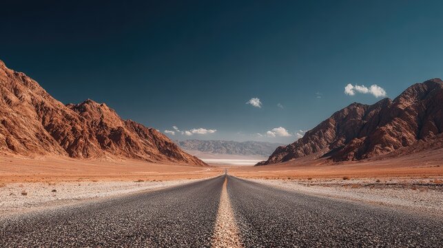 A long, straight road vanishes into a desert valley between imposing mountains under a vibrant blue sky