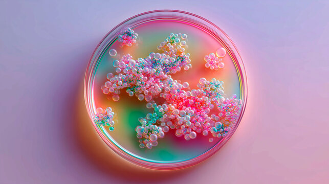 Colorful abstract cells in petri dish on pastel background