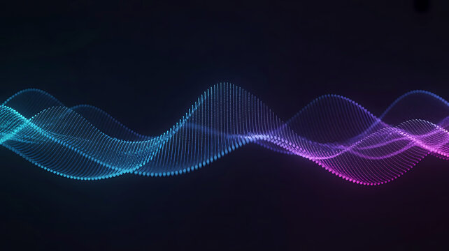 Abstract glowing digital sound wave visualization with vibrant blue and purple particles on a dark background
