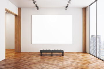 Contemporary art gallery interior with blank wall and bench under spotlights, showcasing wooden parquet floor and large window with city view. 3D Rendering