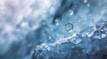 Close-up of shimmering water droplets on a blue icy surface, capturing a cool and refreshing atmosphere.