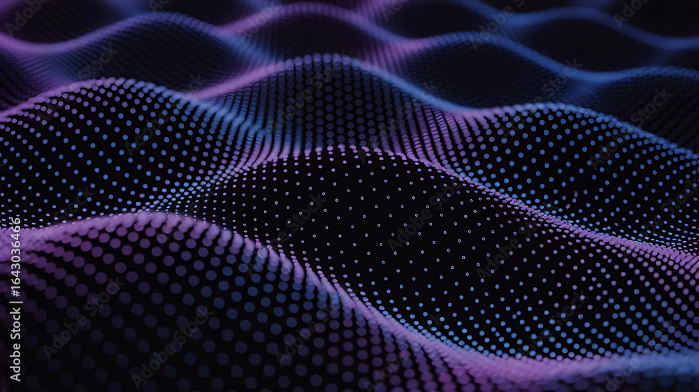 Poster abstract flowing purple and blue digital wave pattern composed of many small glowing particles in a 