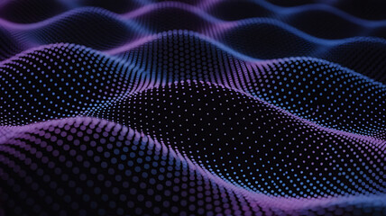 Abstract flowing purple and blue digital wave pattern composed of many small glowing particles in a dark background