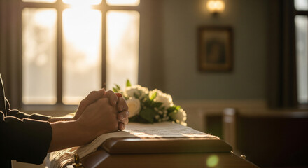 Hands clasped on a coffin at a funeral