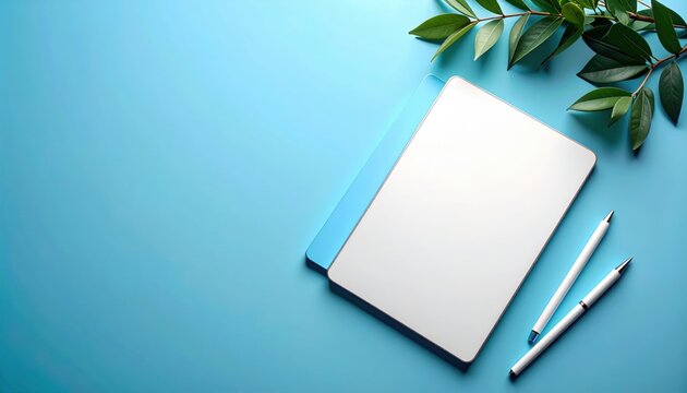Creative workspace setup with notepad and pens on blue background in minimalistic style for enhanced productivity