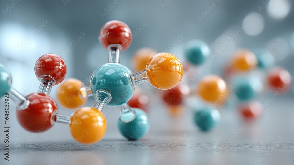 Poster a close-up rendering of colorful molecular structures, showcasing spheres connected by transparent b