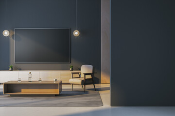 Modern living room with blank TV screen on dark wall, cozy armchair, wooden table, and soft lighting for stylish real estate interior mockup. 3D Rendering