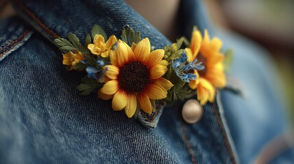 Denim jacket adorned with a sunflower and wildflower corsage