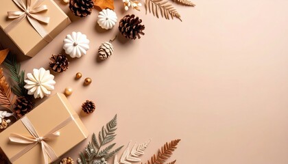 Festive gift arrangement with natural elements holiday decor still life cozy environment overhead view celebratory concept