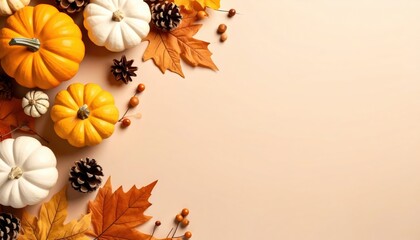 Autumn harvest celebration with pumpkins and pine cones cozy home setting food photography warm environment close-up view seasonal decoration ideas