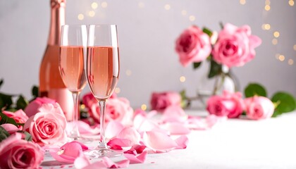 Two champagne flutes filled with ros?, surrounded by pink roses and petals on a light gray surface
