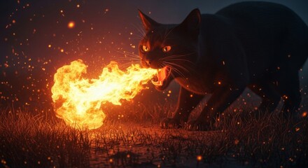 Black cat breathing fire in dark fantasy setting