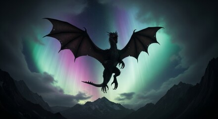 Black dragon flying under aurora borealis at night
